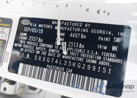 2019 Kia Optima Lx из США, поврежденный, VIN 5XXGT4L35KG299151